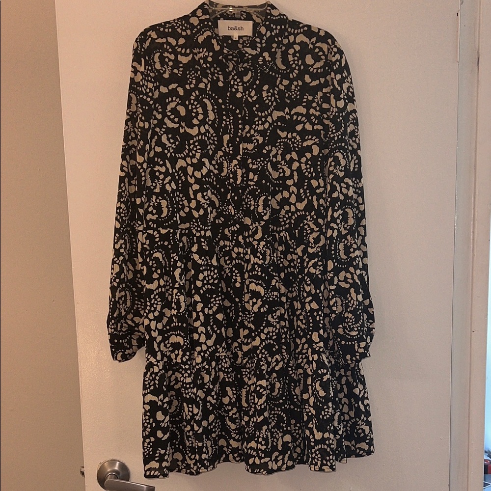 ba&sh Black and Cream Long Sleeve Dress